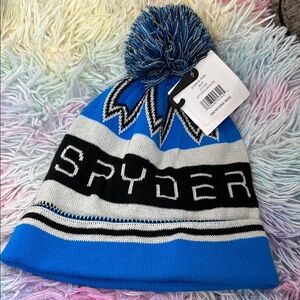 NWT SPYDER Pompom Knit Blue Multitoned Beanie Hat OS